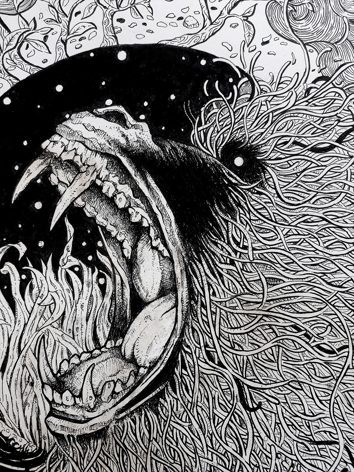 Detail ilustrasi 'Nature is Metal' karya Mas Mool, 2016, menampilkan close-up rahang binatang dan tekstur garis organik tinta hitam.
