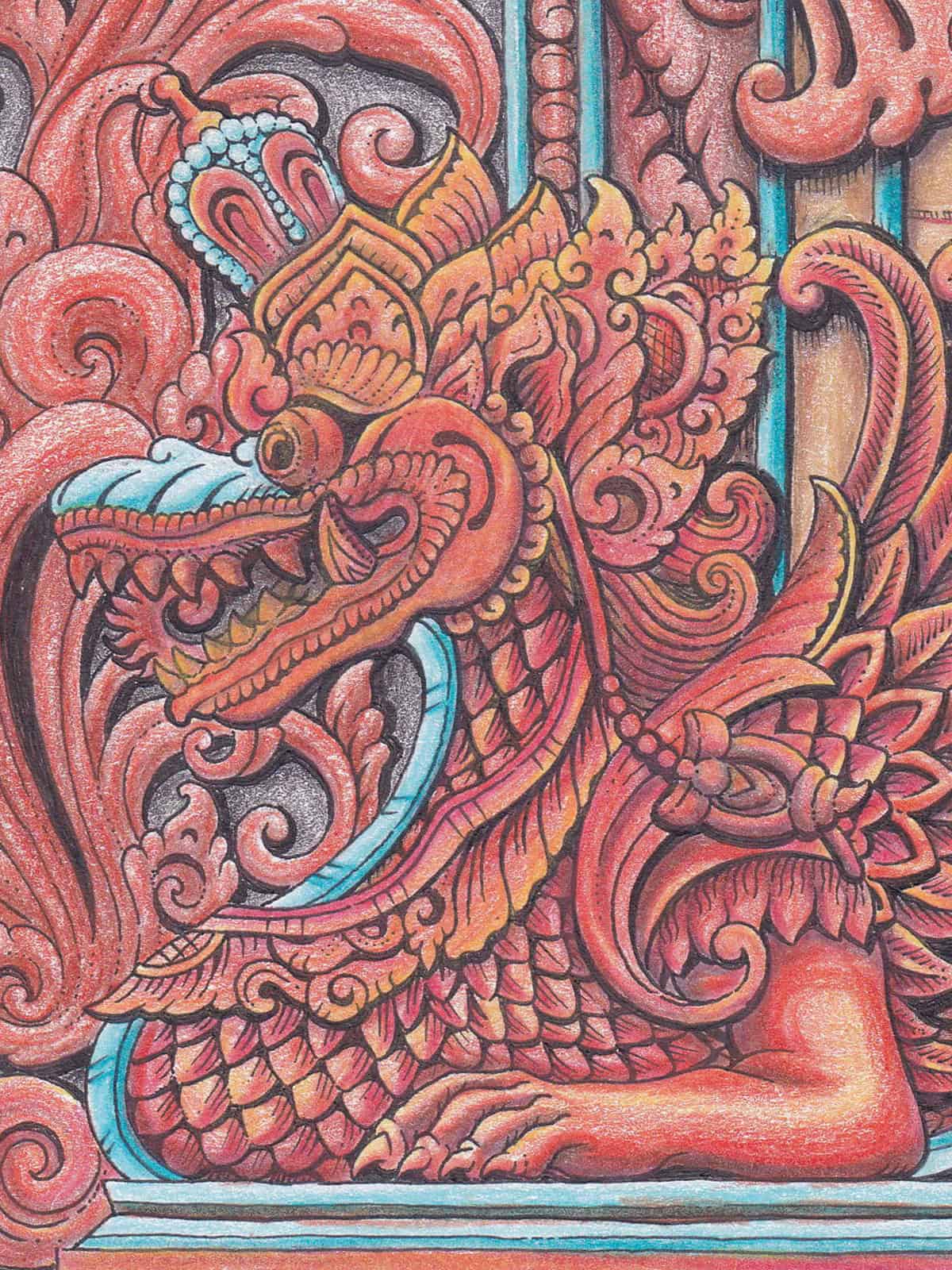 Detail ilustrasi 'Naga Besukih' karya Mas Mool, 2022, menampilkan close-up.