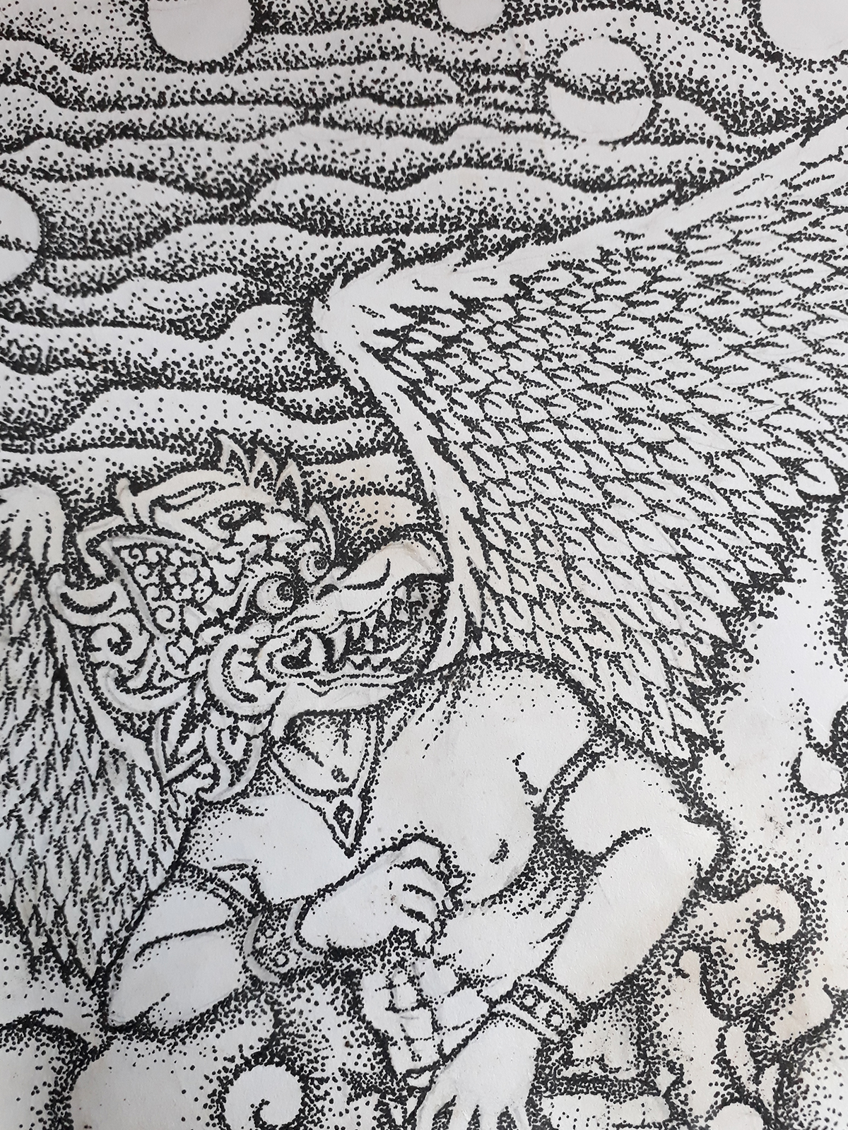 Detail ilustrasi 'Garudayana' karya Mas Mool, 2016, menampilkan close-up.