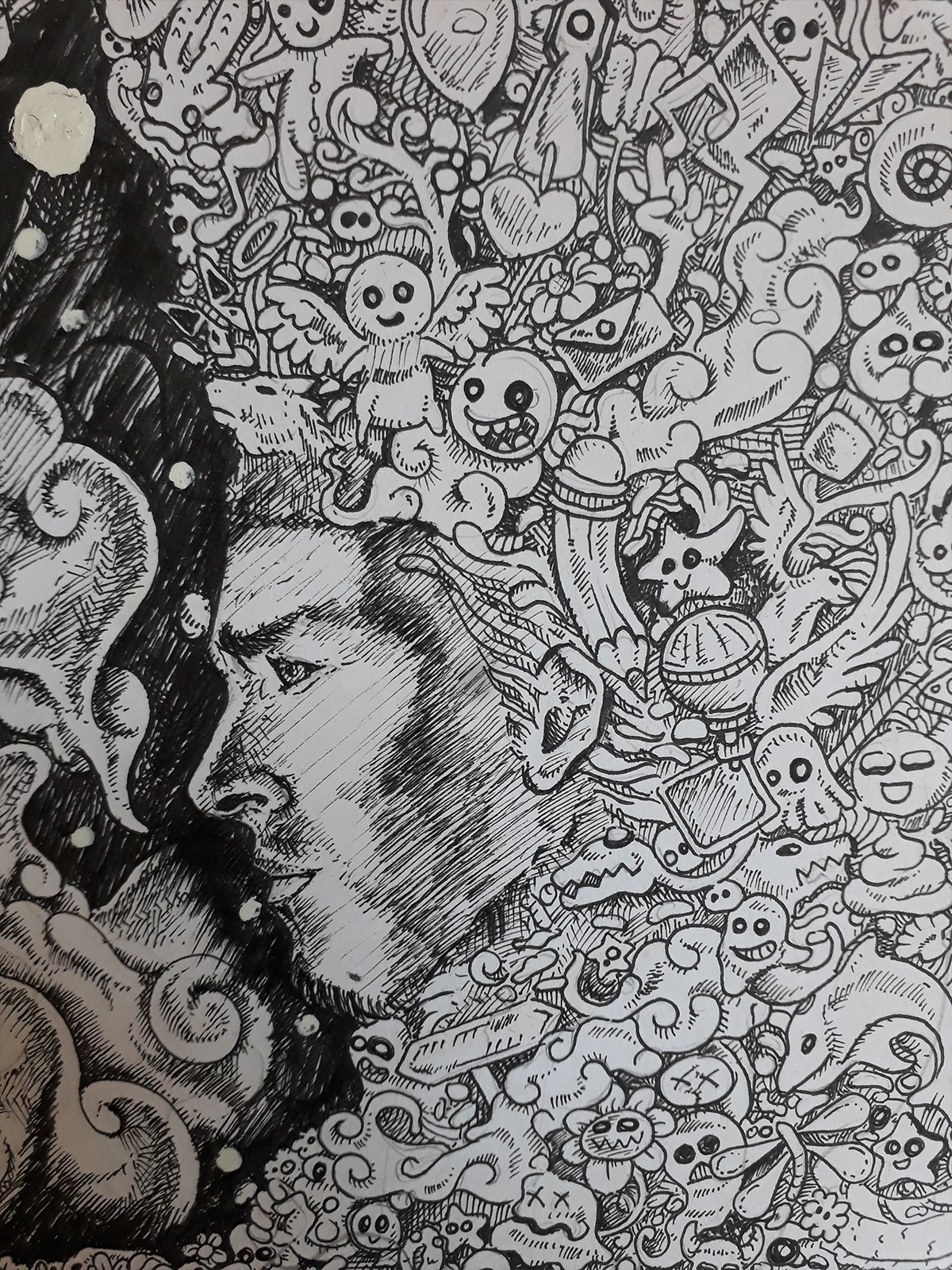 Detail ilustrasi 'Rupa Lupa Luka' karya Mas Mool, 2017, menampilkan close-up.