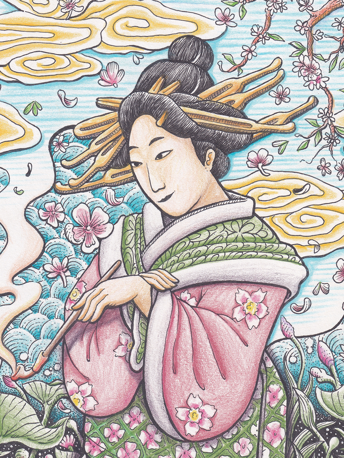 Detail ilustrasi 'Sakura Reverie' karya Mas Mool, 2023, menampilkan close-up.