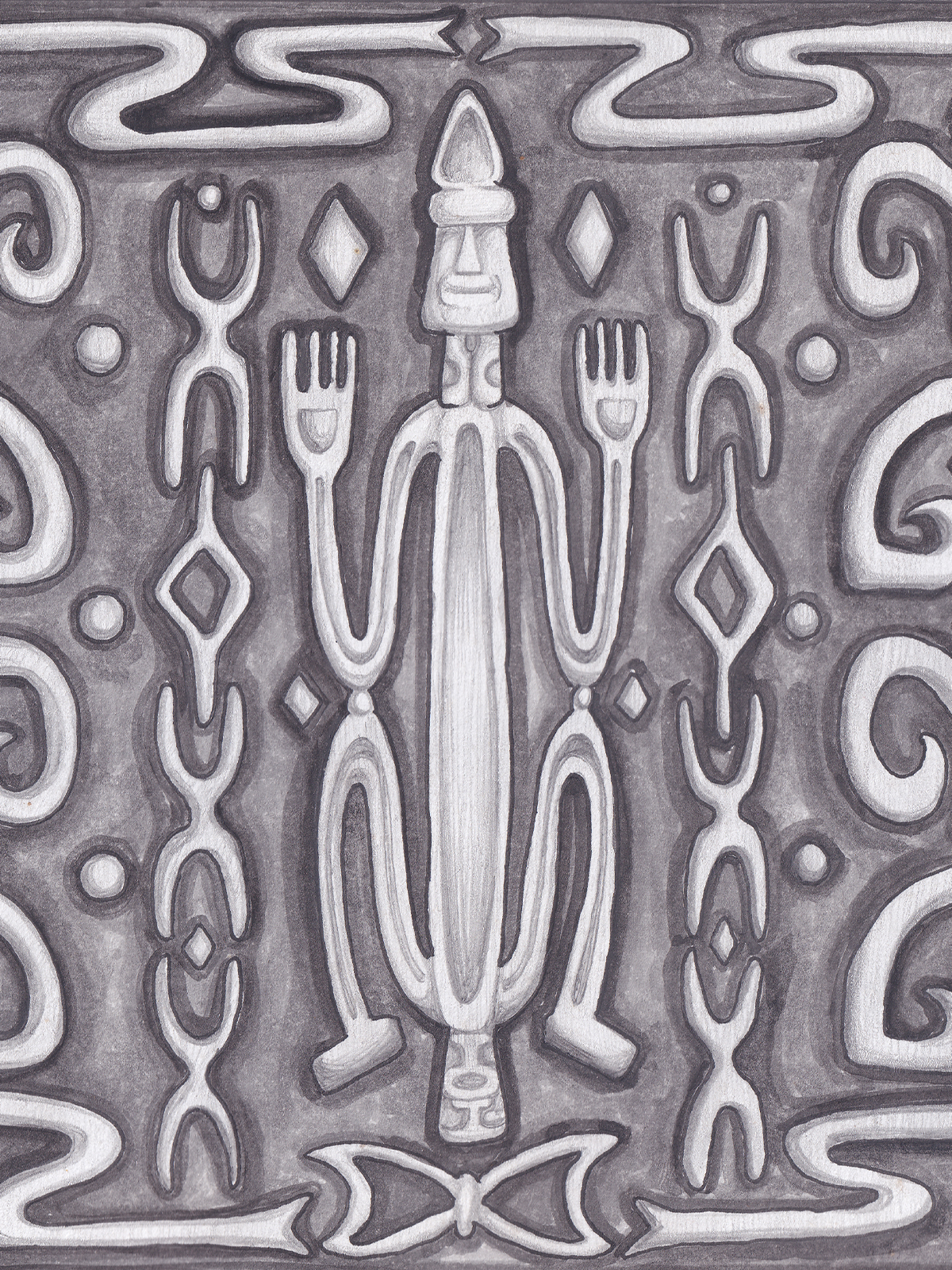 Detail ilustrasi 'Penjaga' karya Mas Mool, 2022, menampilkan close-up.